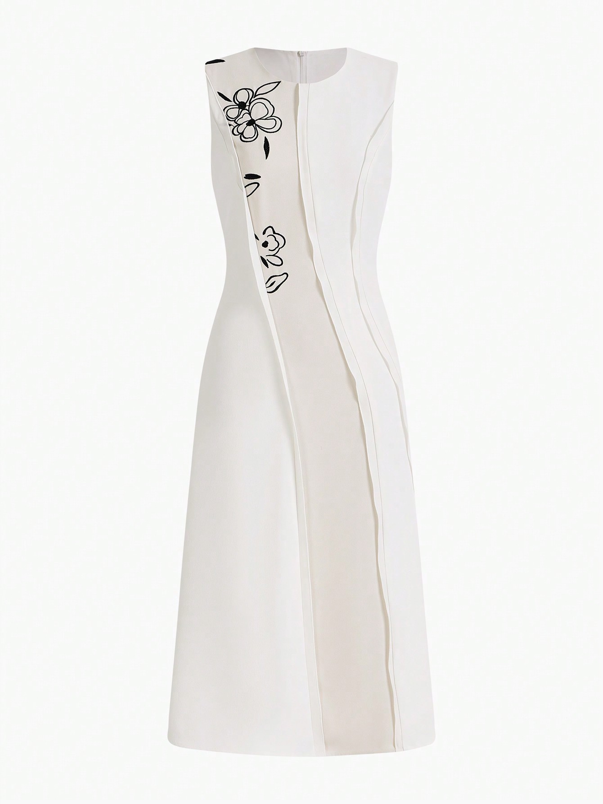 White & Beige Color-Block Floral Embroidered Sleeveless Midi Dress Flowering Girl