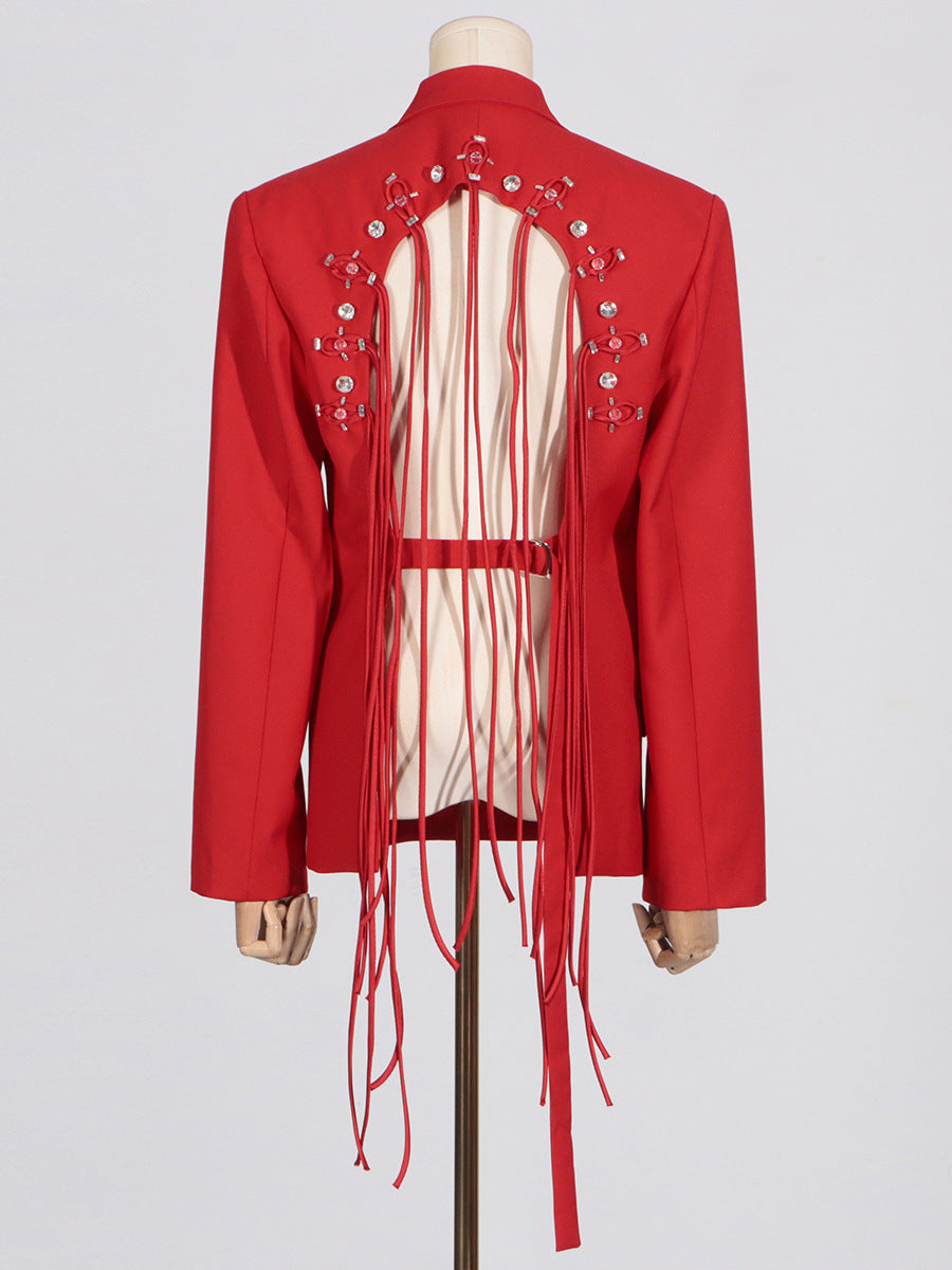 Vienna Cutout Fringe Backless Blazer In Red Flowering Girl