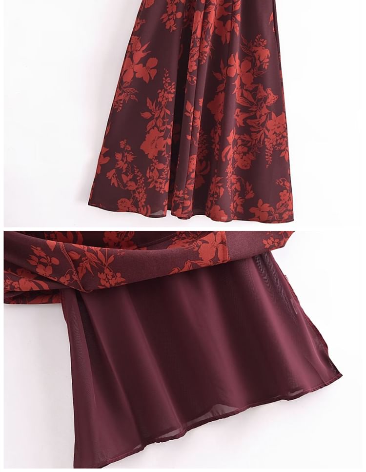Floral Print Bowknot Strap Midi Dress In Burgundy Flowering Girl