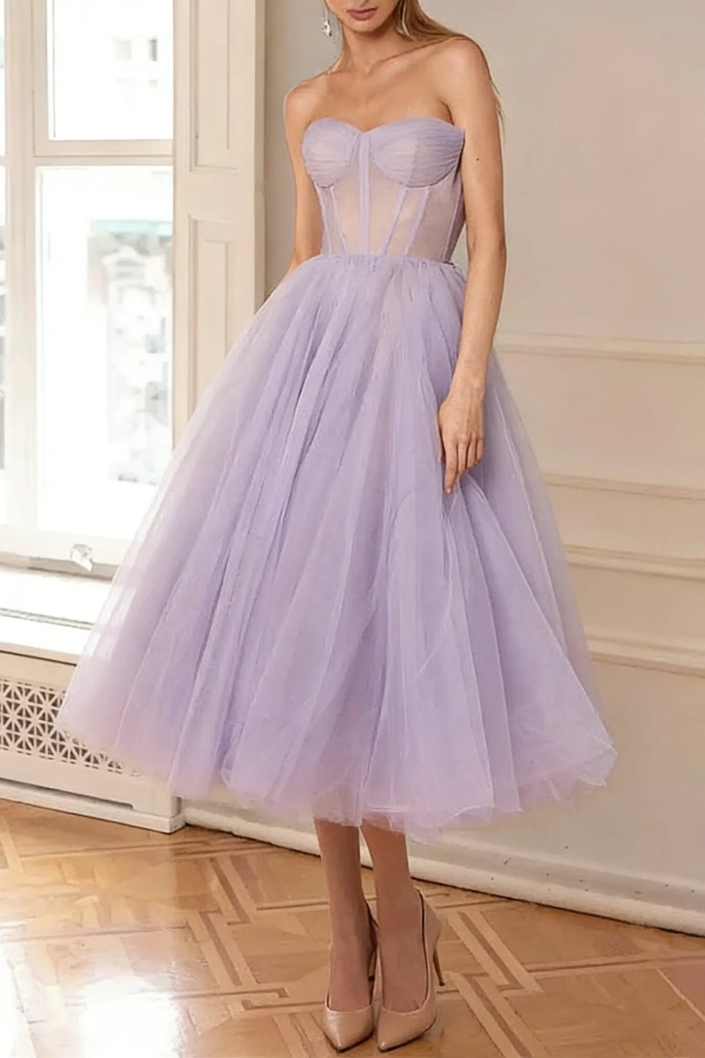 Lavender Strapless Puffy Midi Tulle Dress Flowering Girl