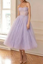 Lavender Strapless Puffy Midi Tulle Dress Flowering Girl