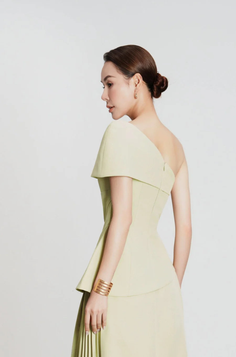 One Shoulder Top Flare Midi Skirt Suit In Olive Green Flowering Girl