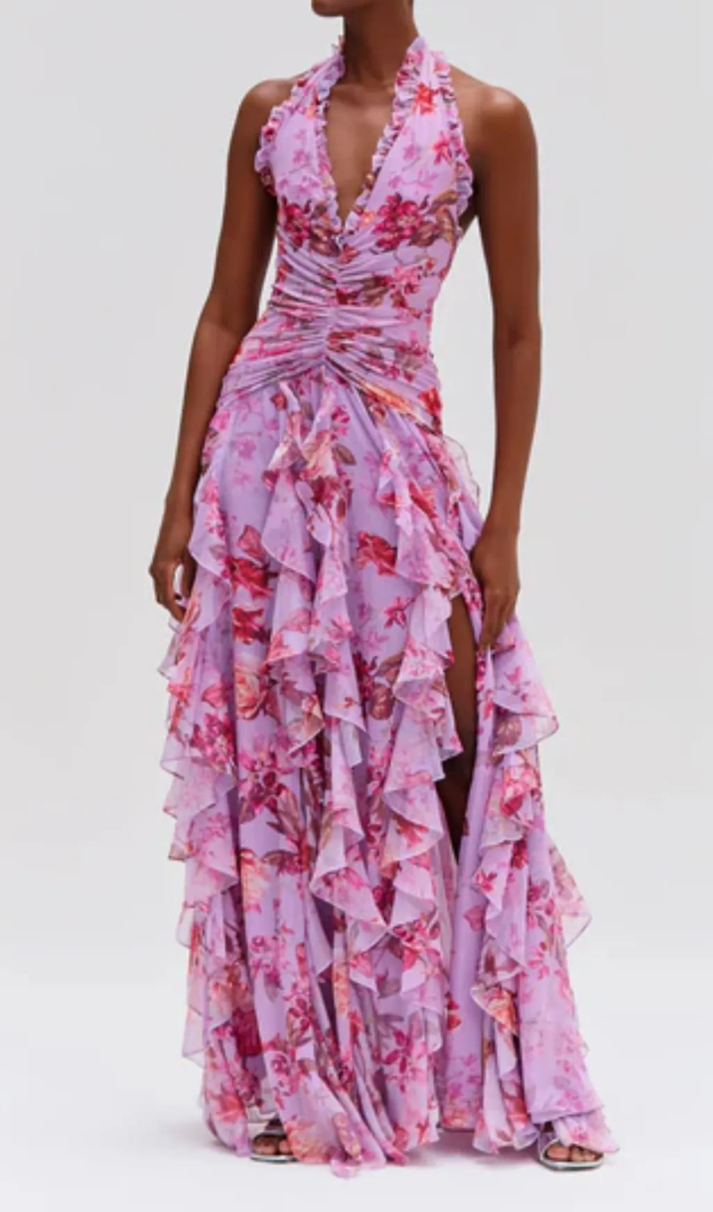Delicah Pink Halter Floral Ruffle Maxi Dress Flowering Girl