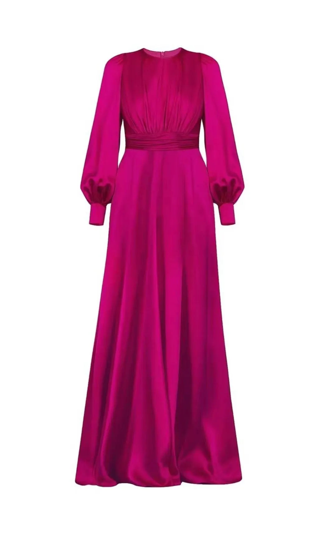 Fuchsia Satin Long Sleeve Maxi Dress With Gathered Waist Flowering Girl