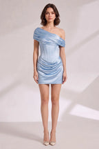 One-Shoulder Satin Mini Dress with Corset Bodice - Light Blue Flowering Girl