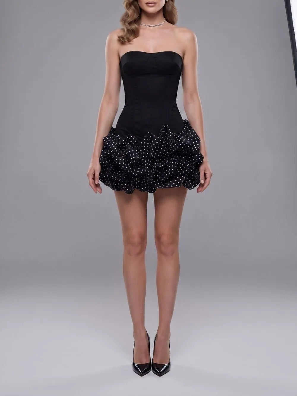 Maleni Black Strapless Bustier Polka Dot Bubble Dress Flowering Girl