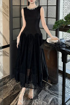 Mandy Black Pearl Neck Sleeveless Puffy Maxi Dress Flowering Girl