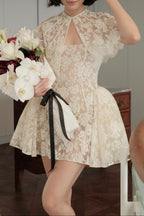 White Lace Cape-Sleeve Mini Dress Flowering Girl