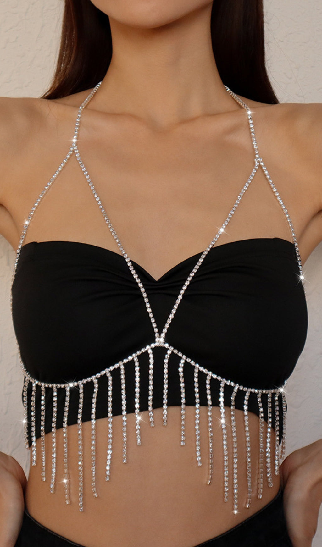 Tassel And Diamond Chest Chain In Silver Flowering Girl