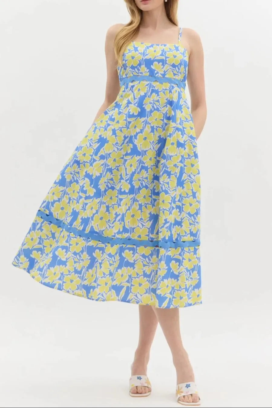 Wallis Floral Print Hollow Midi Dress In Blue Flowering Girl