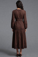 Chocolate Brown Cotton A-Line Tiered Midi Dress with Lace Inserts Flowering Girl