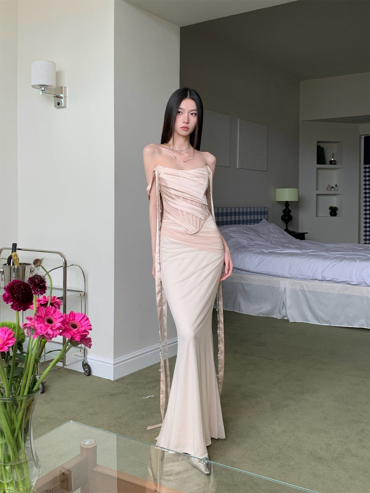 Ursula Apricot Sleeveless Ribbon Pleated Maxi Dress Flowering Girl