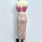 Audrey Pink Feather Top Sequin Midi Skirt Set Flowering Girl