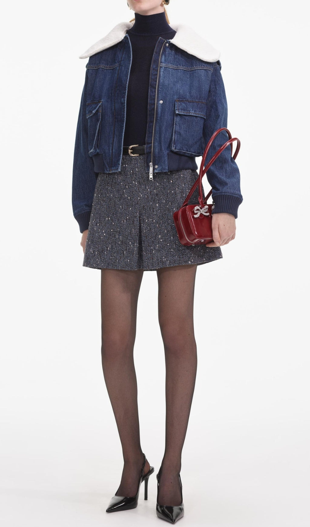 Denim Knit Collar Jacket Flowering Girl