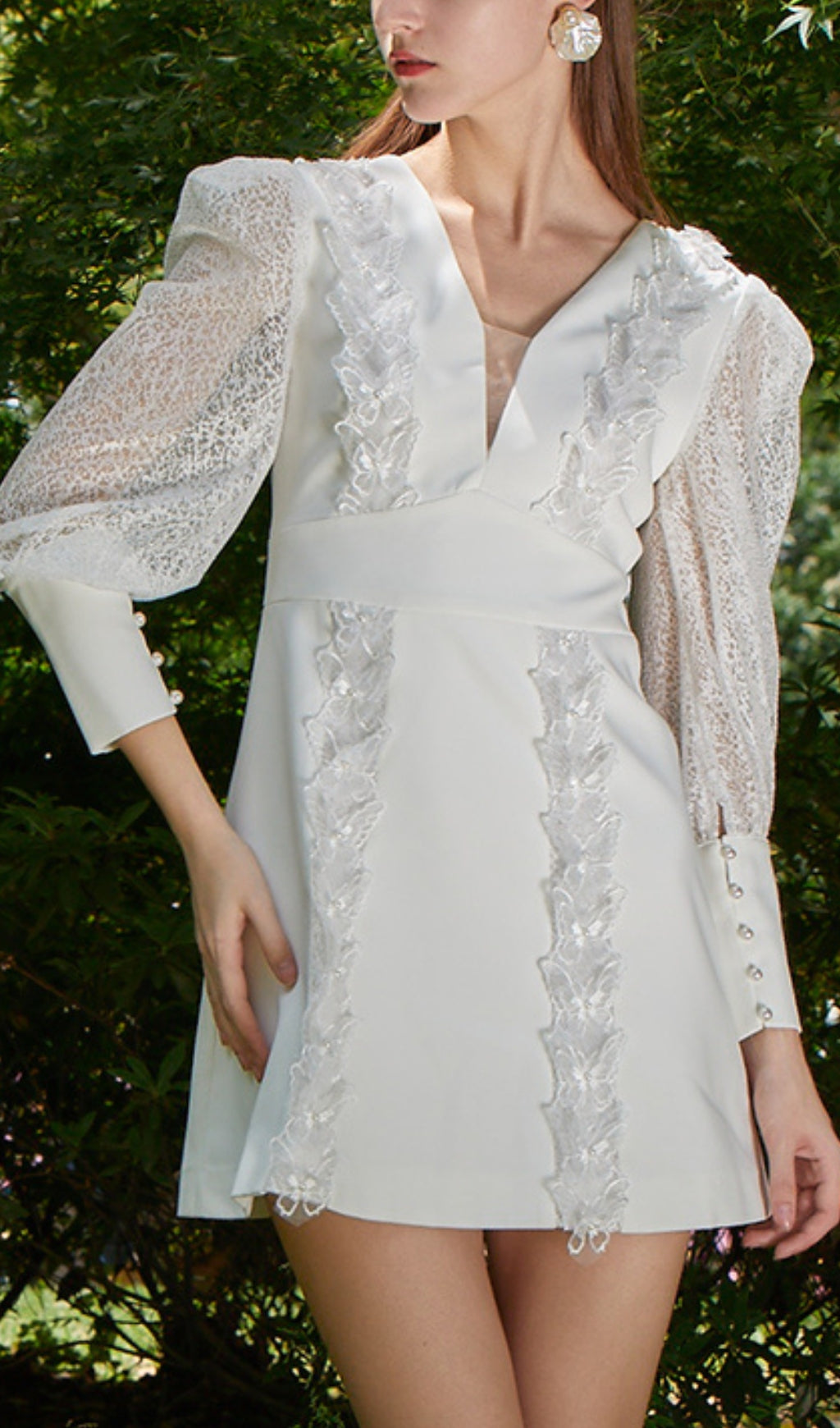 White Lace V-Neck Long-Sleeved Mini Dress
