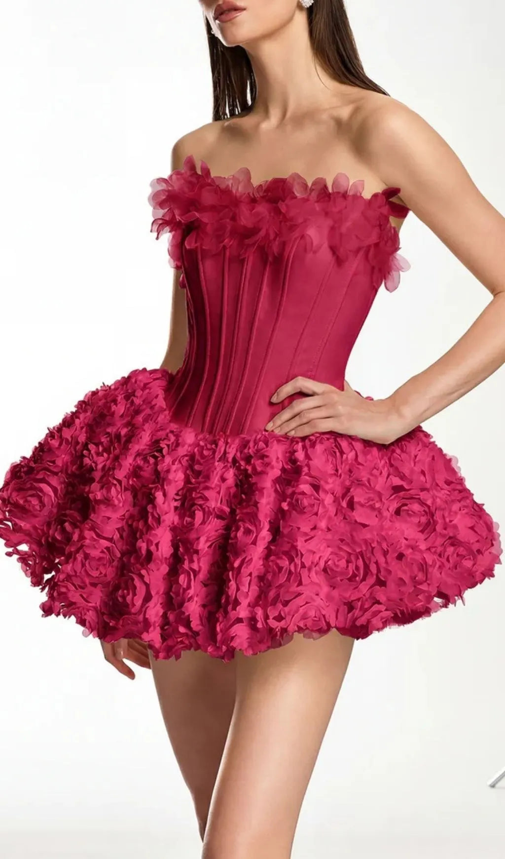 Ulthar Strapless Flower Mini Dress In Hot Pink Flowering Girl