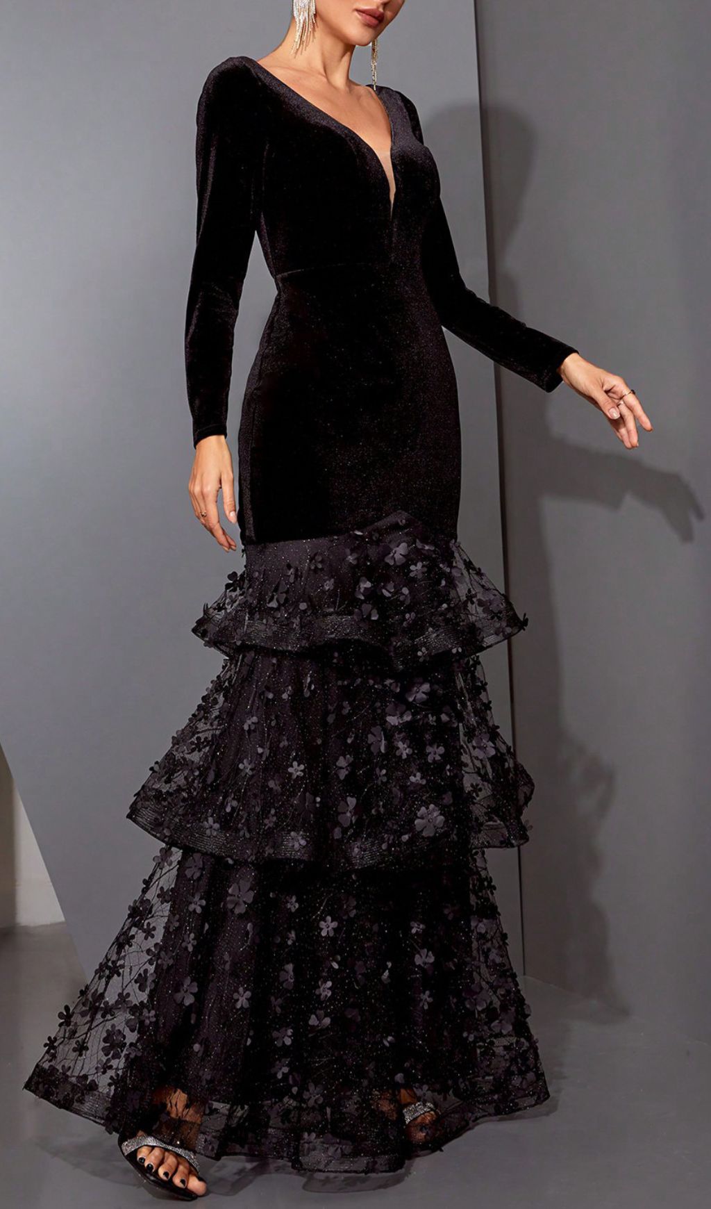Hermine Black Long Sleeve Mesh Maxi Dress Flowering Girl