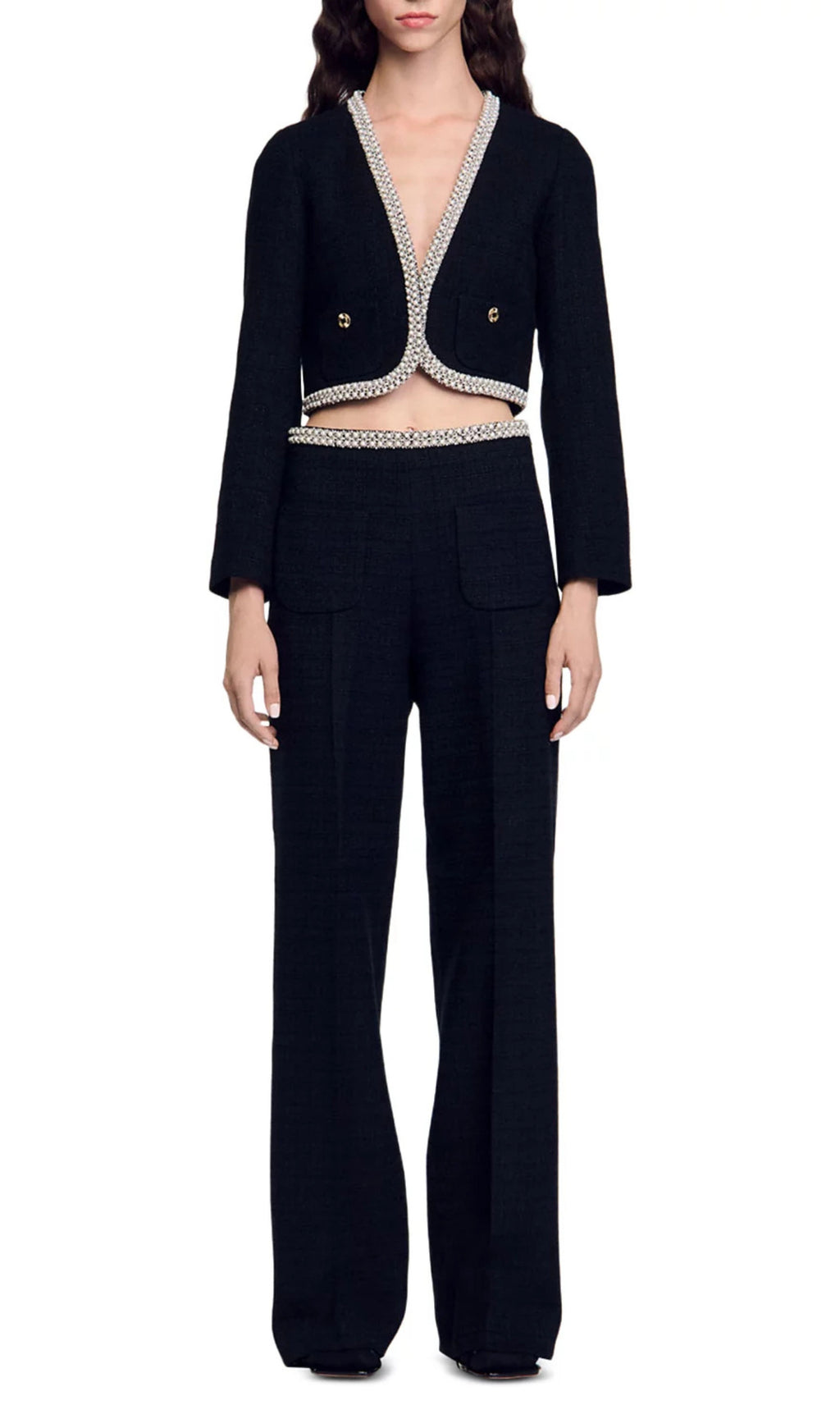 Bead Trim Cropped Tweed Jacket Flowering Girl