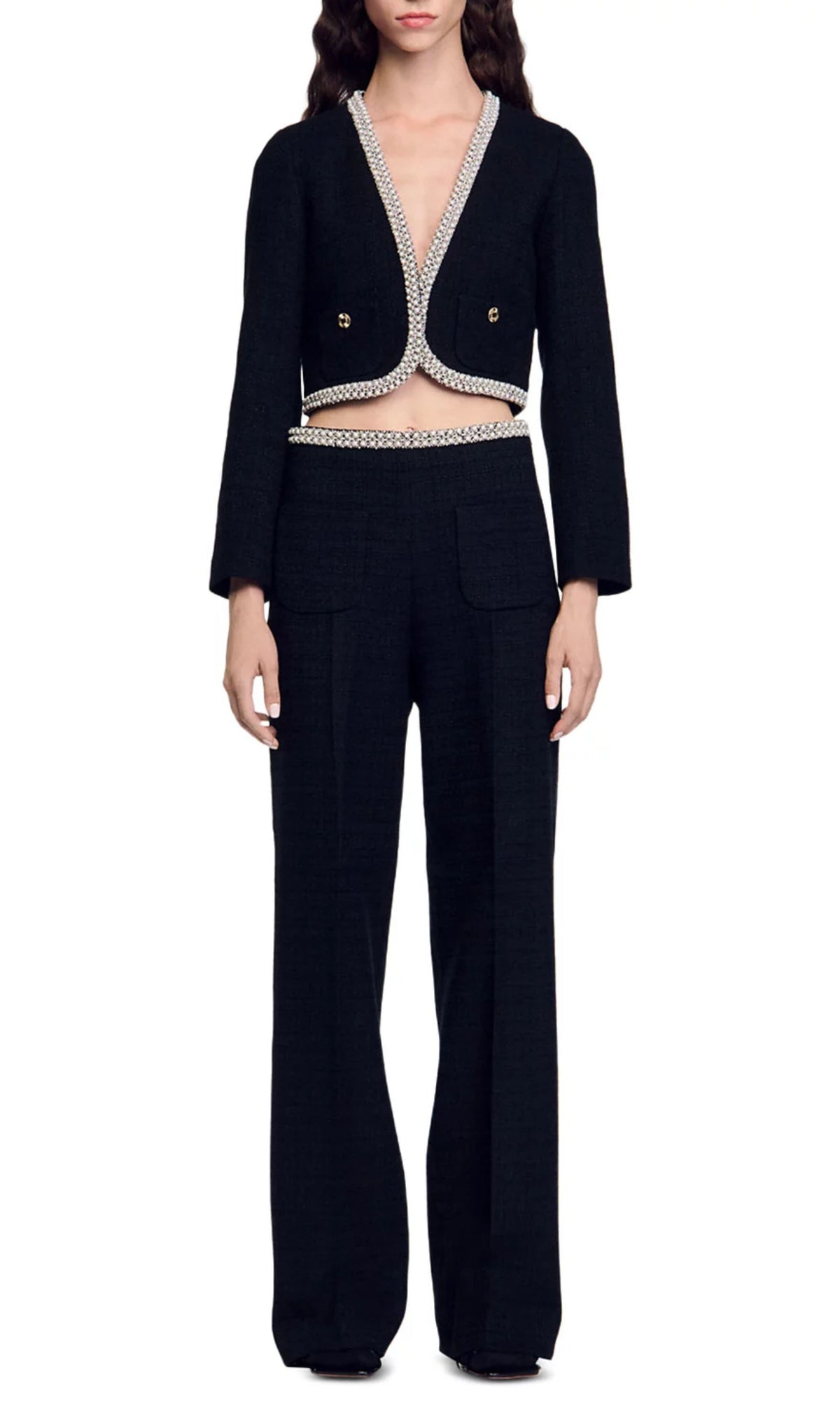 Bead Trim Cropped Tweed Jacket Flowering Girl