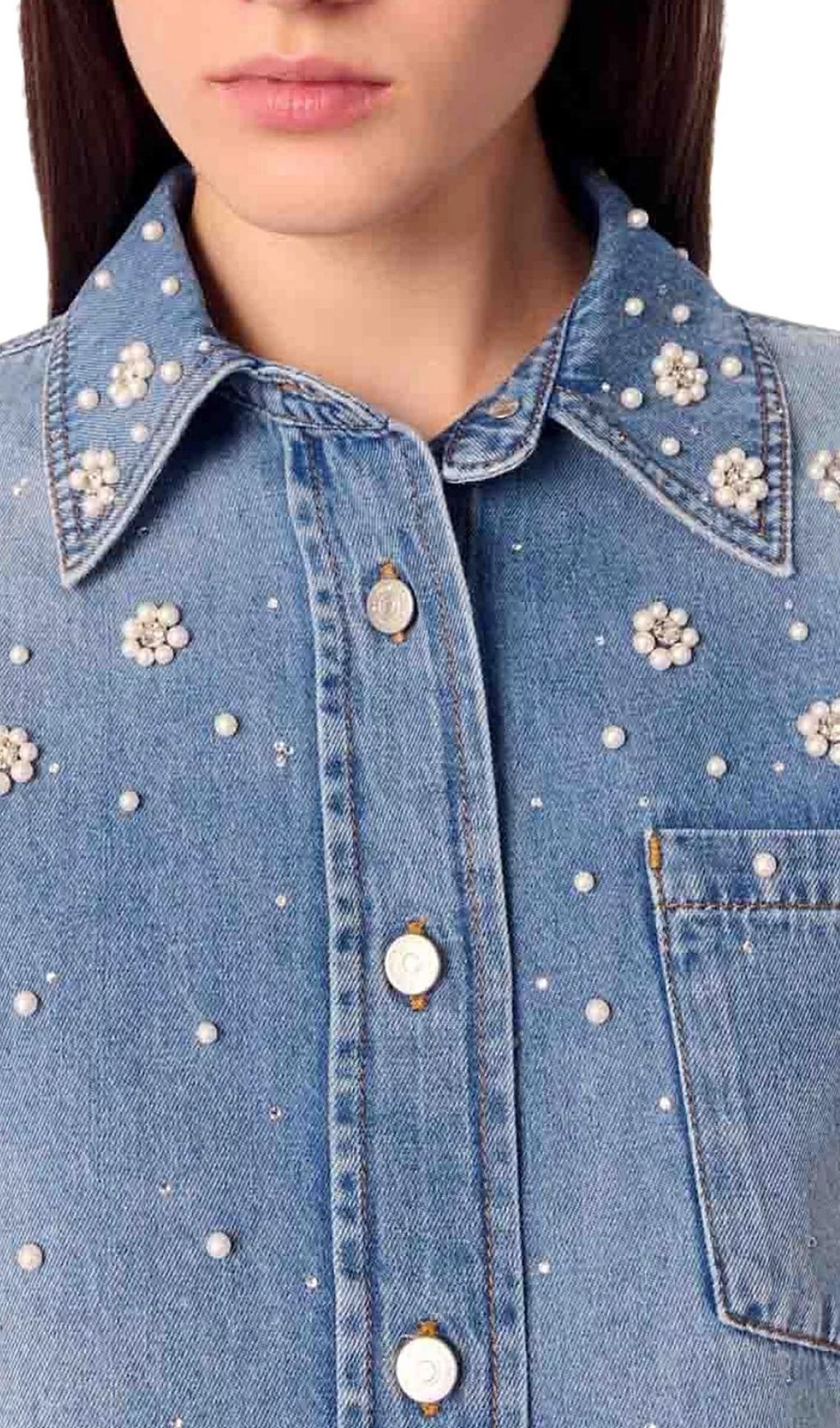Denim Shirt with Embroidered Beads Flowering Girl