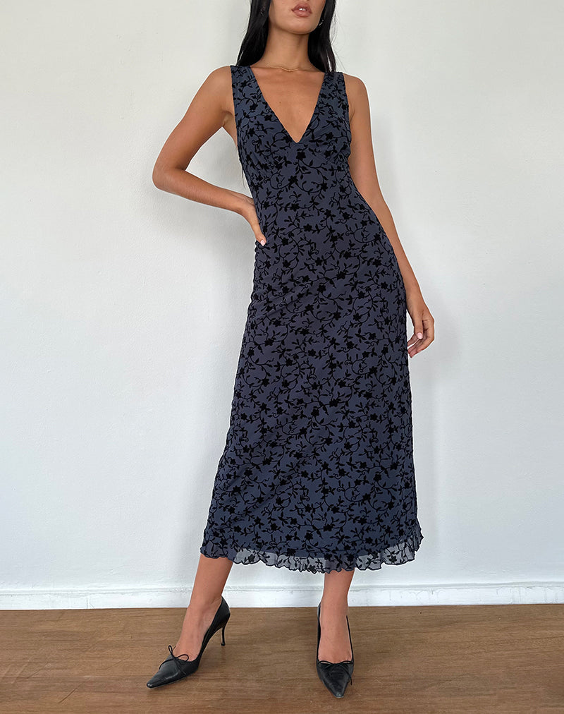 Gabriela Midi Dress In Flocked Petal Navy Flowering Girl