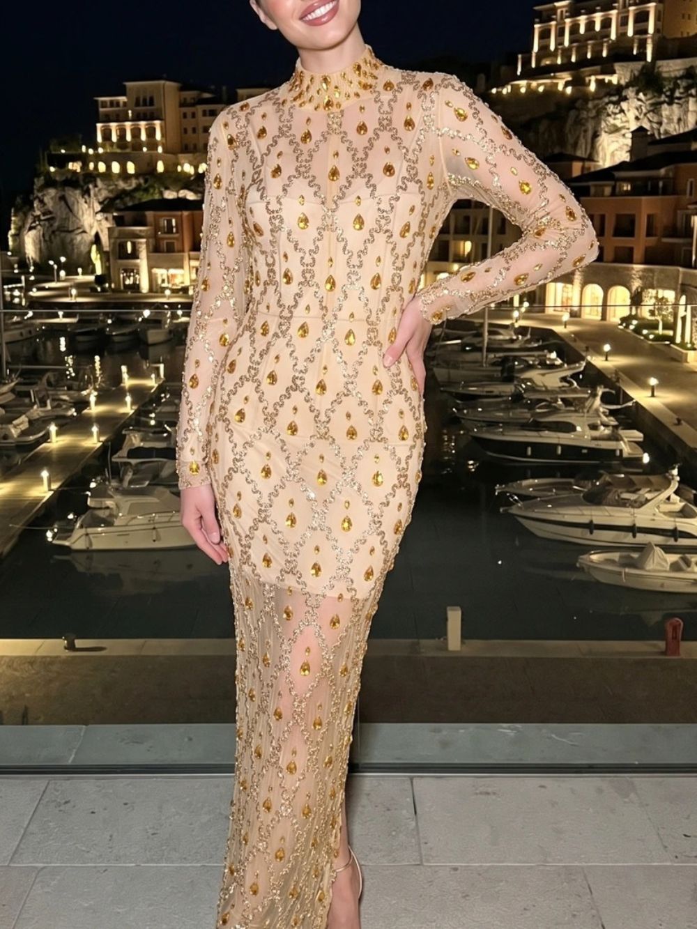 Long Sleeve Embellished Sequin Mesh Maxi Dress Yellow Flowering Girl