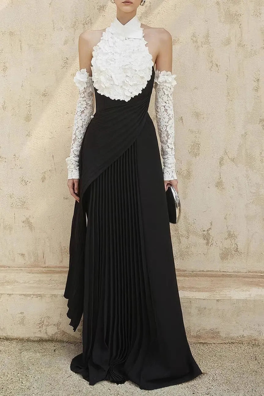 Jenny Halter-Neck 3d Flower Embroidery Backless Maxi Dress - Black Flowering Girl