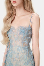 BLUE BEADED LACE PENCIL MIDI DRESS Flowering Girl