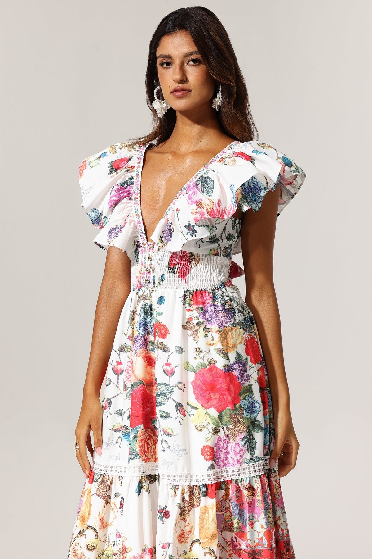 Violet Backless Ruffle Floral Printed Maxi Dress Flowering Girl