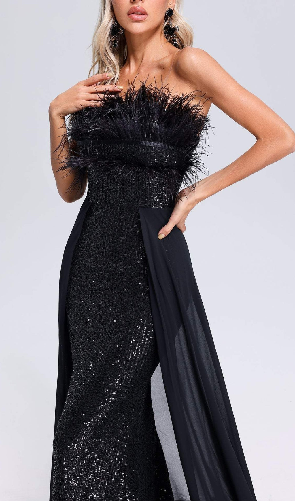 Adams Black Feather Sequin Maxi Dress