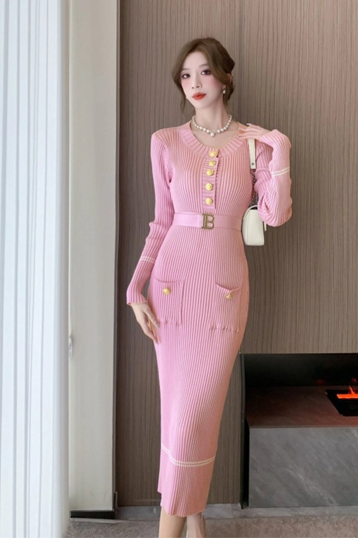 Metal Button Jersey Long Sleeve Midi Dress Pink Flowering Girl