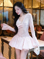 Eileen Long-Sleeve v-Neck Lace A-Line Mini Dress In Pink Flowering Girl