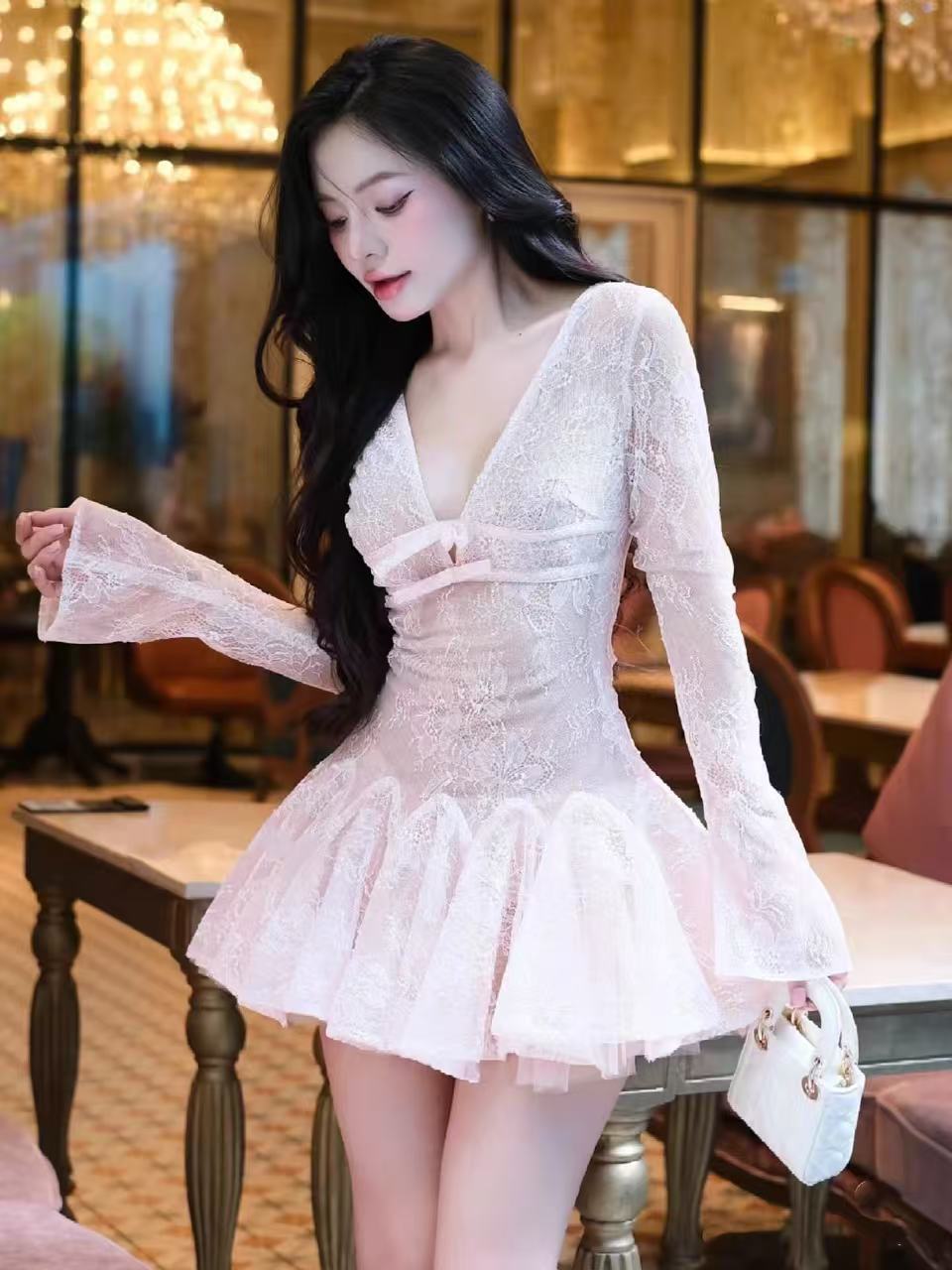 Eileen Long-Sleeve v-Neck Lace A-Line Mini Dress In Pink Flowering Girl