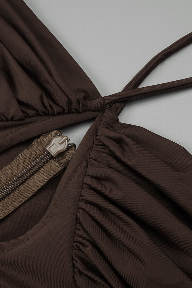 Pleated Strappy Draped Slit Maxi Dress In Brown Flowering Girl