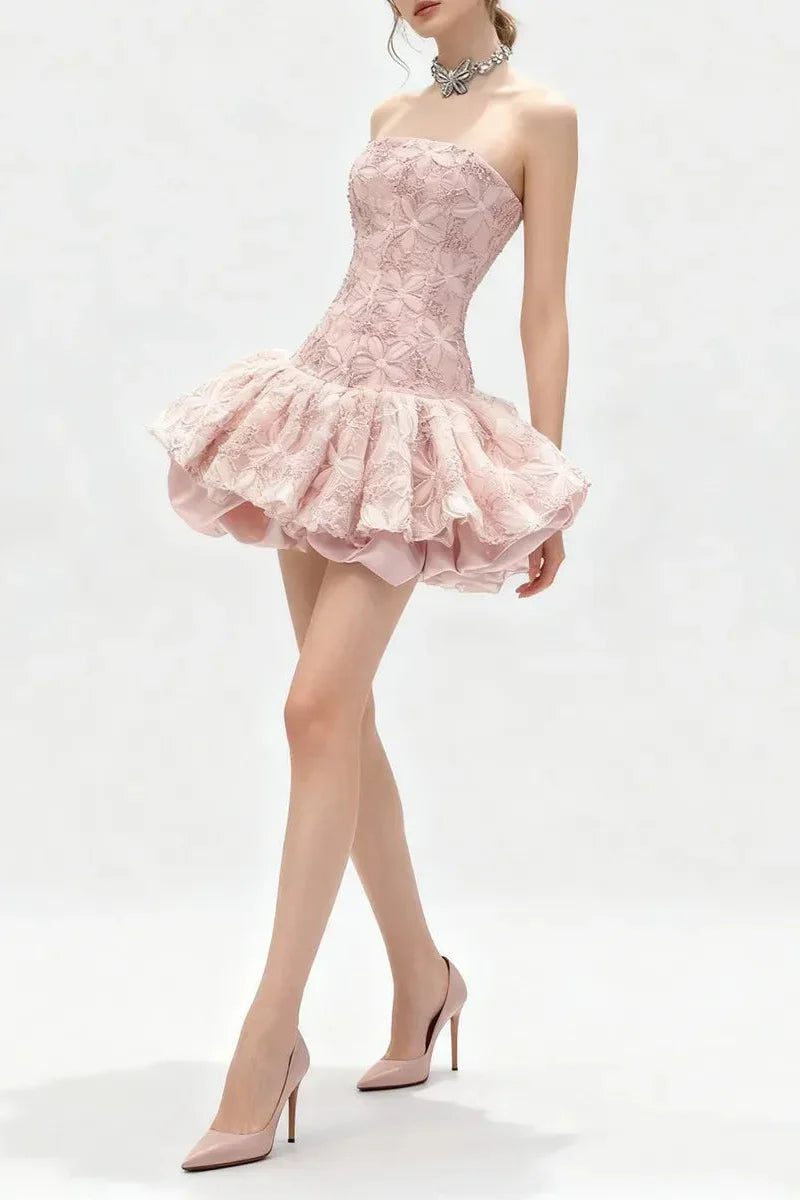 Katherine Embroidered Lace Ruffle Mini Dress In Pink Flowering Girl