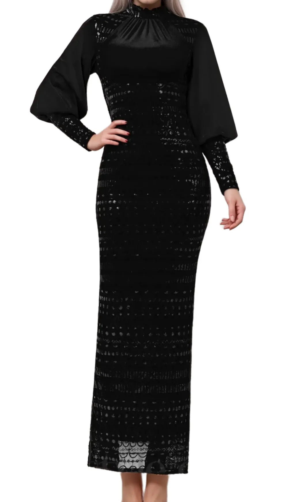 beatrice sequin long sleeve maxi dress in black Flowering Girl