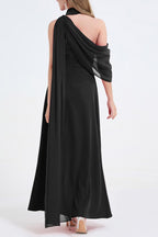 Tammy Tailored One-Shoulder Detachable Collar Maxi Dress In Black Flowering Girl