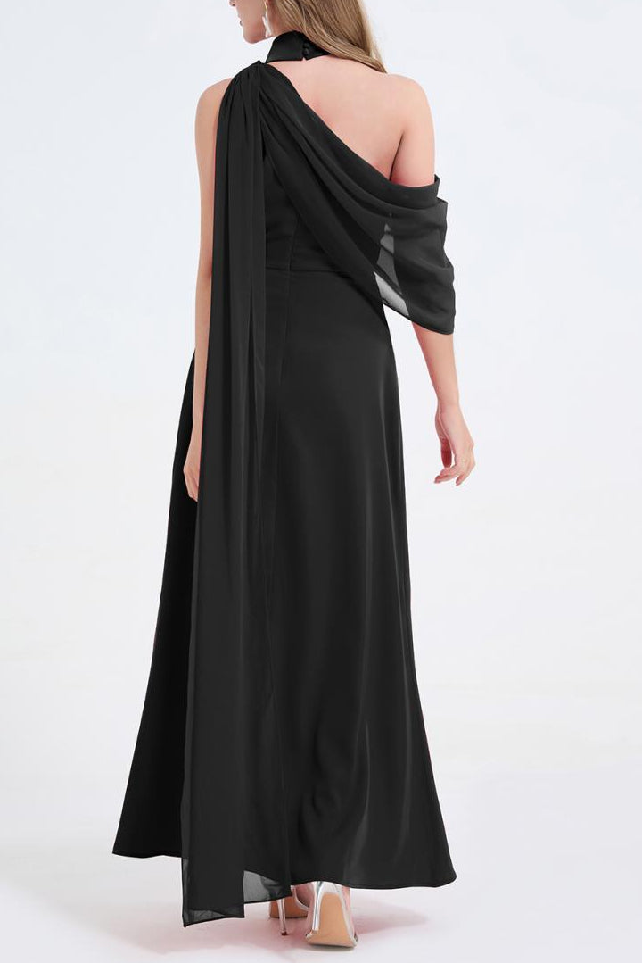 Tammy Tailored One-Shoulder Detachable Collar Maxi Dress In Black Flowering Girl
