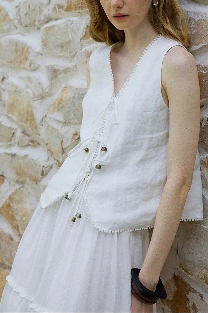 Beaded Linen Lace-Up Access Vest Flowering Girl