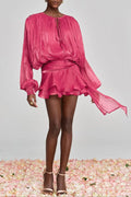 Hermosa Balloon Sleeve Ruch Ruffle Mini Dress In Rose Red Flowering Girl