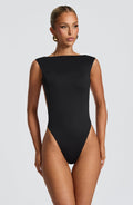 Tori Pleated High Slit Bodysuit - Black Flowering Girl
