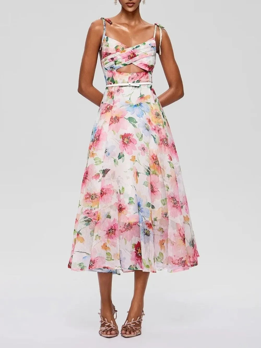 Walric Spaghetti Cutout Floral Midi Dress Flowering Girl