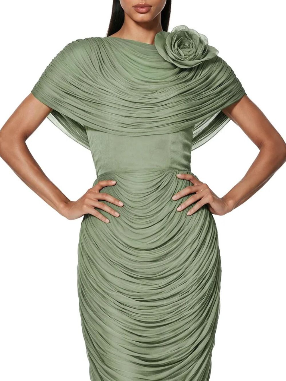 Kessari Flower Draped Midi Dress In Green Flowering Girl