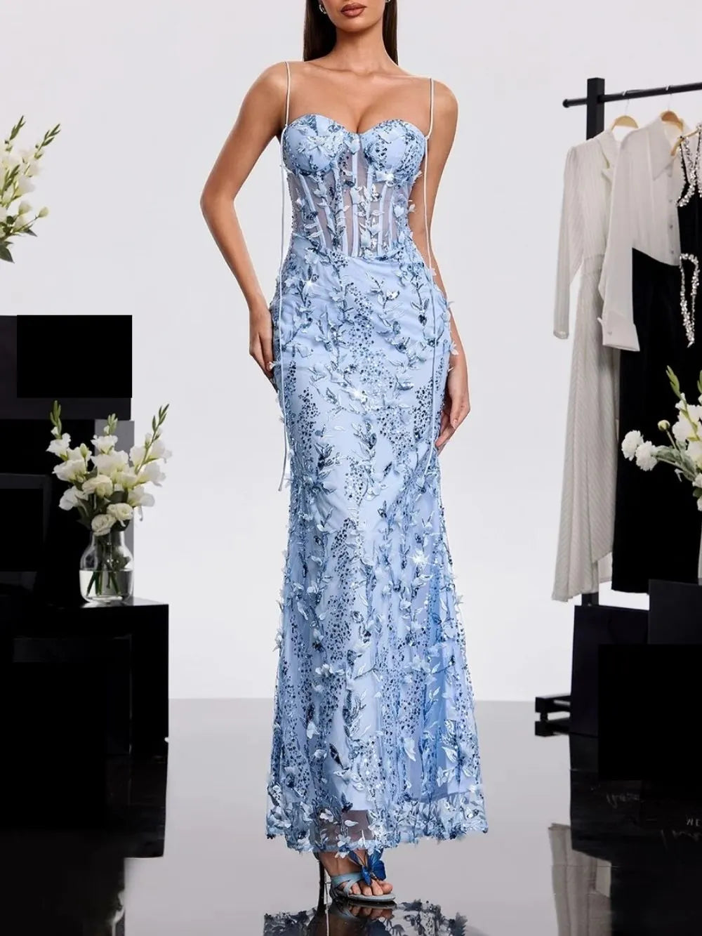 Haranu Spaghetti Corset Sequin Dress In Sky Flowering Girl