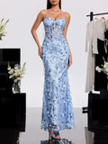 Haranu Spaghetti Corset Sequin Dress In Sky Flowering Girl