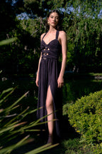 Bonnie Halter Pleated Cutout Maxi Dress In Navy Blue Flowering Girl