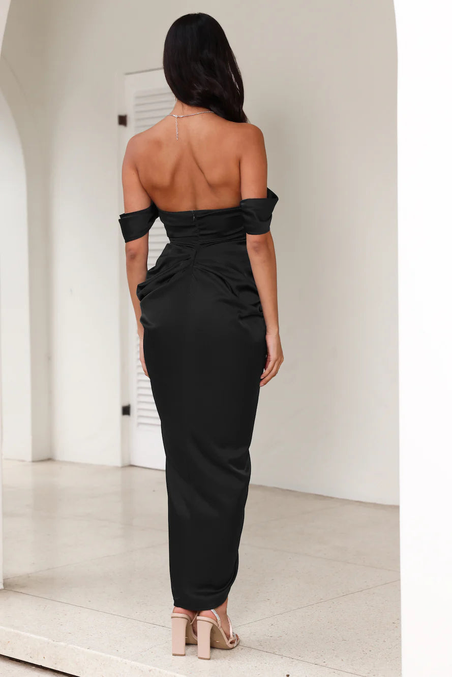 Strapless Satin Midi Dress In Black Flowering Girl