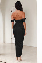 Strapless Satin Midi Dress In Black Flowering Girl