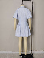 Blue White Stripe Collared Puff Sleeve Button Front Mini Shirt Dress Flowering Girl