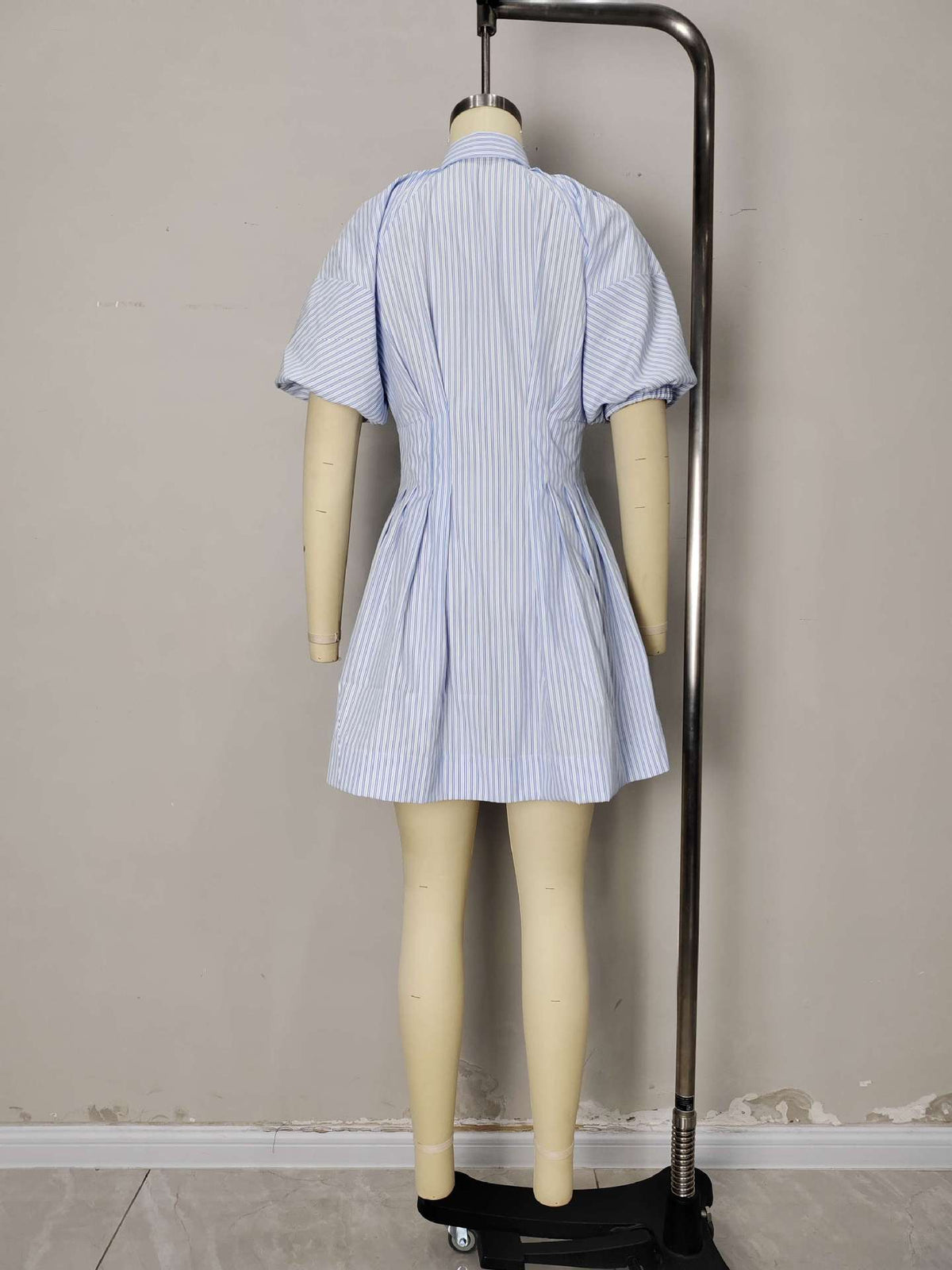 Blue White Stripe Collared Puff Sleeve Button Front Mini Shirt Dress Flowering Girl